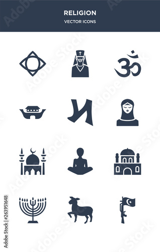 12 religion vector icons such as jihad, lamb, menorah, monastery, monk contains mosque, muslim, nihilism, noah ark, om, orthodox icons