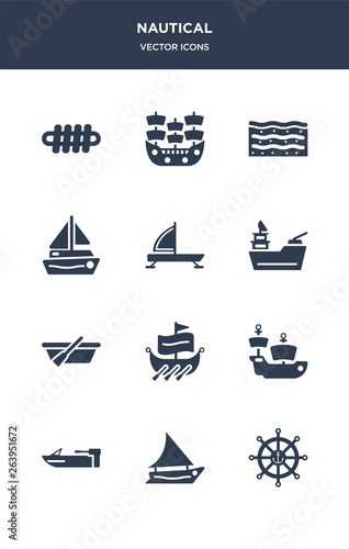 12 nautical vector icons such as marine, felucca, motorboat, caravel, trireme contains skiff, gunboat, iceboat, scow, salt water, pirate ship icons