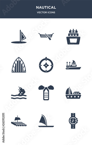 12 nautical vector icons such as water resist watch, windsurf board, wood raft, yacht facing right, port and starboard contains capsizing, ship admiral, azimuth compass, afterdeck, ballast,