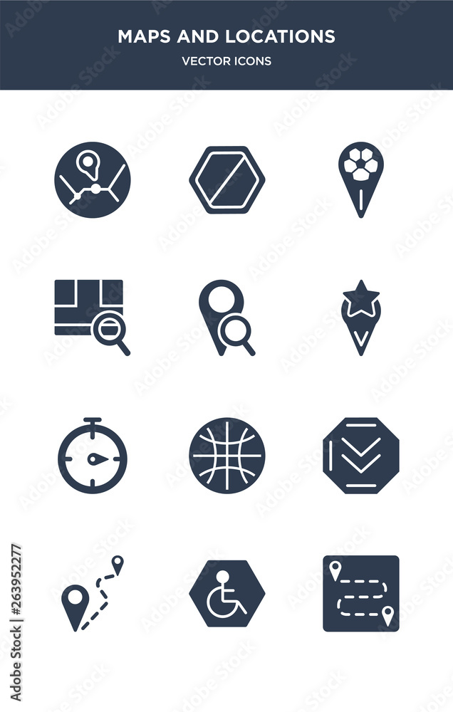 12 maps and locations vector icons such as compass, destination