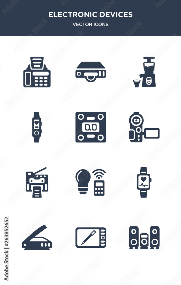 12 electronic devices vector icons such as speakers, graphic tablet, scanner, smartband, smart light contains copy machine, video recorder, weighing, activity tracker, cold-pressed juicer, dvd 12 electronic devices vector icons such as speakers, graphic tablet, scanner, smartband, smart light contains copy machine, video recorder, weighing, activity tracker, cold-pressed juicer, dvd