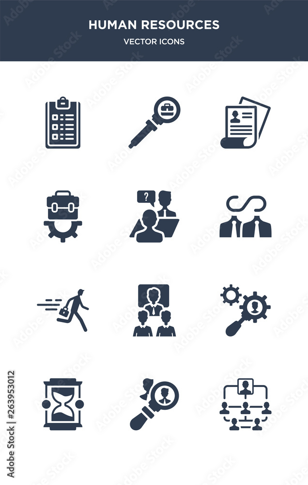 12 human resources vector icons such as hierarchical structure, hiring, hourglass, human resources, humanpictos contains hurry, infinite, interview, job, job application, job search icons