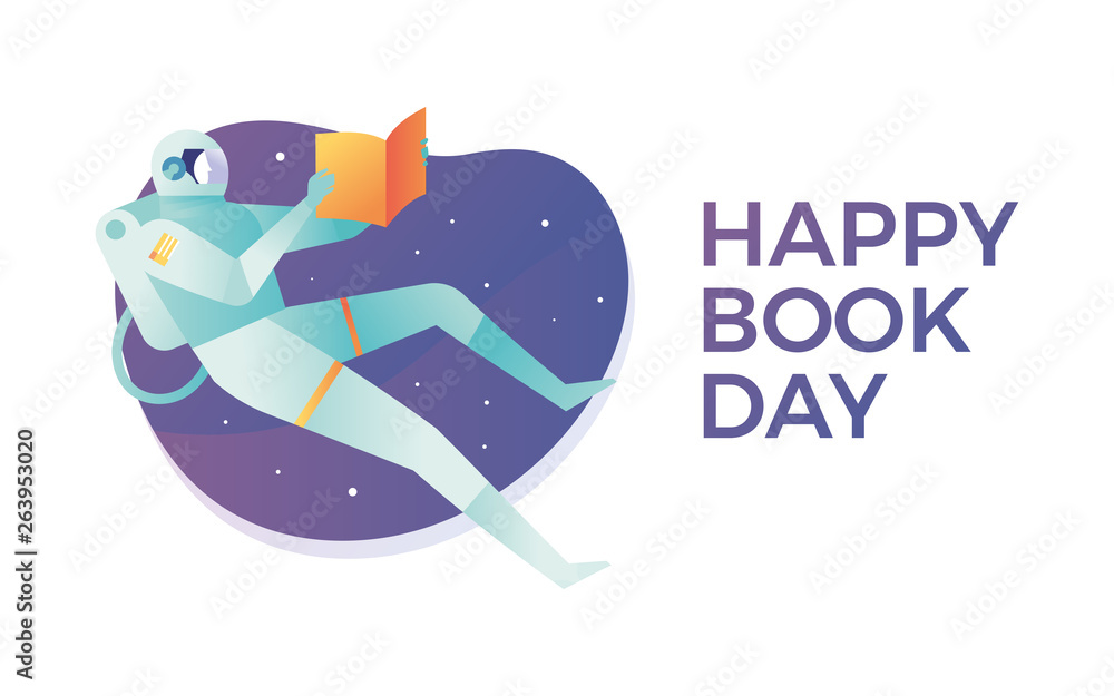 Happy book day concept vector illustration, astronaut read a book outer space as a depiction of imagination in reading books, imagination and a dream book reader Happy book day concept vector illustration, astronaut read a book outer space as a depiction of imagination in reading books, imagination and a dream book reader