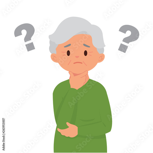 old woman suffering from dementia, old woman with question marks because they are easy to forget, vector illustration
