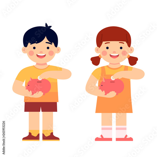 kids put coins into piggy banks, vector illustration kids saving money