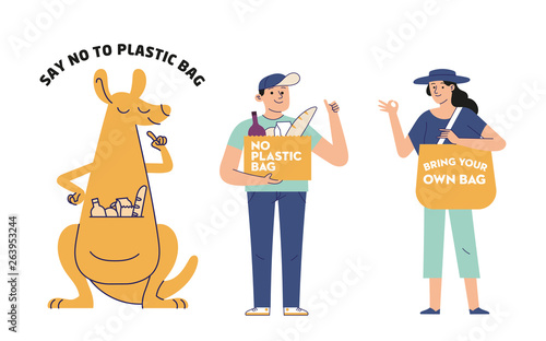 say no to plastic bag campaign vector set illustration, people and kangaroo with no plastic bag sign