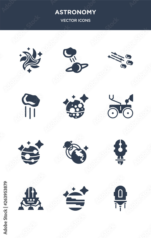 12 astronomy vector icons such as jet pack, jupiter, lander, liftoff, magnetic field contains mars, mars rover, mercury, meteor, meteor shower, meteorite icons