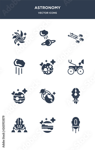 12 astronomy vector icons such as jet pack, jupiter, lander, liftoff, magnetic field contains mars, mars rover, mercury, meteor, meteor shower, meteorite icons