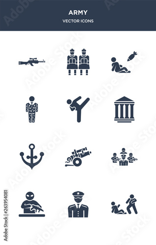 12 army vector icons such as assault, officer, guerrilla, brigade, artillery contains naval, federal agency, combat, conscription, civilian, terracotta icons