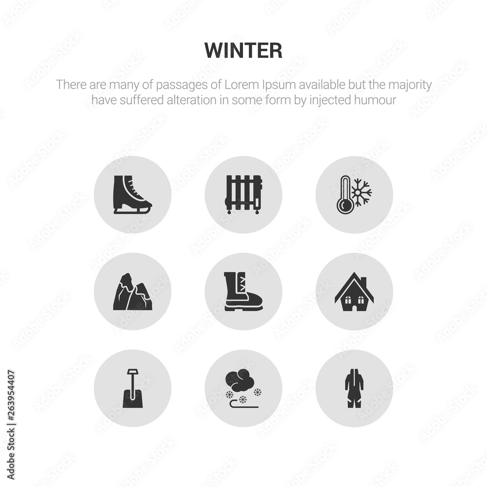 9 round vector icons such as snowsuit, winter, winter shovel, winter cabin, boots contains snowy mountain, cold, heater, ice skate. snowsuit, icon3_, gray icons