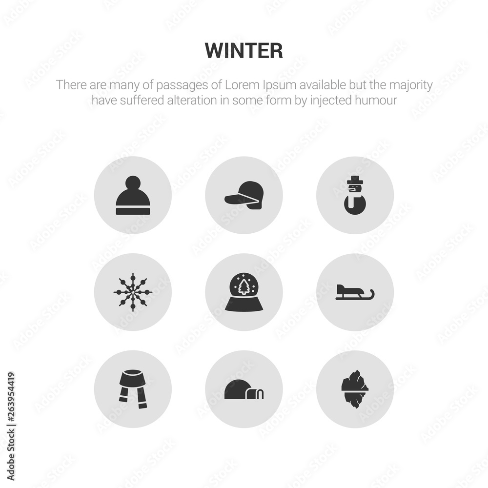 9 round vector icons such as iceberg, igloo, scarf, sled, snow globe contains snowflake, snowman, winter cap, winter hat. iceberg, igloo, icon3_, gray winter icons 9 round vector icons such as iceberg, igloo, scarf, sled, snow globe contains snowflake, snowman, winter cap, winter hat. iceberg, igloo, icon3_, gray winter icons