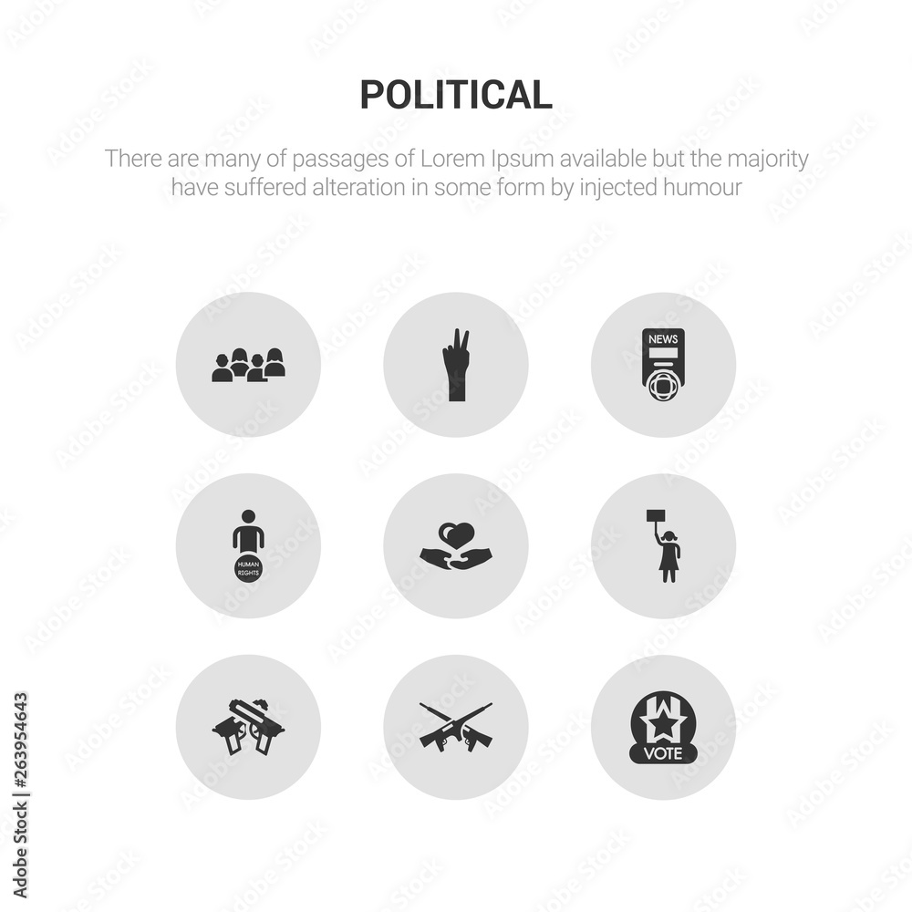 9 round vector icons such as vote badge for political elections, war, weapons, women rights, charity contains human rights, news, peace, people. vote badge for political elections, war, icon3_, gray