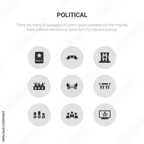 9 round vector icons such as political publicity on monitor screen, politicians, poll, protest, slavery contains supporter, uncle sam hat, unity, vote. political publicity on monitor screen,