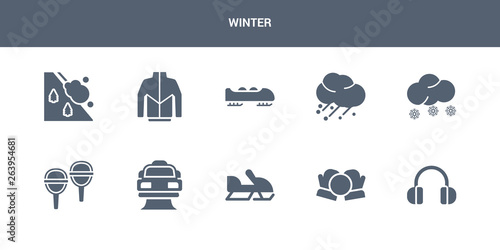 10 winter vector icons such as earmuffs, snow ball, snowmobile, snowplow, snowshoes contains snowy, hail, bobsled, winter clothes, avalanche. winter icons