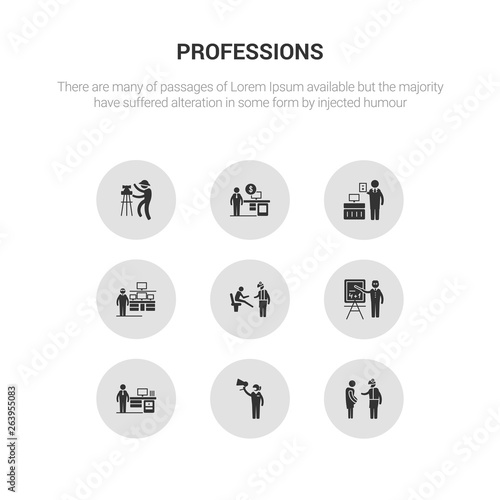 9 round vector icons such as obstetrician and gynecologist, marketing manager, actuary, mathematician, podiatrist contains information security analyst, accountant, financial advisor, civil