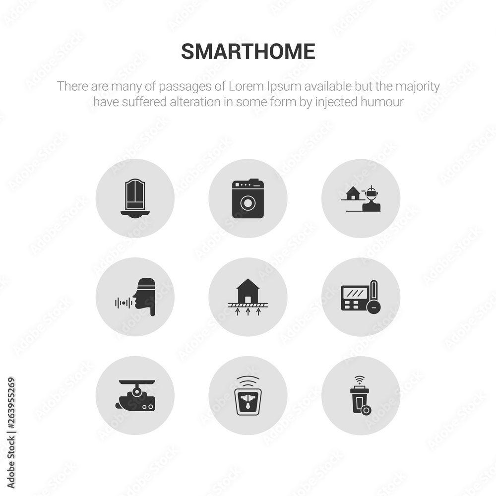 9 round vector icons such as smart trash, socket, surveillance, thermostat, underfloor heating contains voice control, vr technology, washer machine, windows. smart trash, socket, icon3_, gray 9 round vector icons such as smart trash, socket, surveillance, thermostat, underfloor heating contains voice control, vr technology, washer machine, windows. smart trash, socket, icon3_, gray