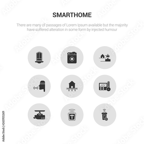 9 round vector icons such as smart trash, socket, surveillance, thermostat, underfloor heating contains voice control, vr technology, washer machine, windows. smart trash, socket, icon3_, gray