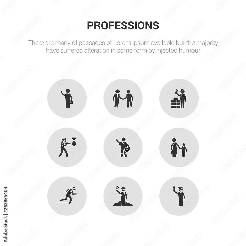9 round vector icons such as actor, archeologist, athlete, baby sitter, basketball player contains boxer, builder, hr specialist, businessman. actor, archeologist, icon3_, gray professions icons