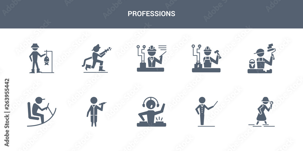 10 professions vector icons such as detective, director, dj, doctor, driver contains dyer, electrician, engineer, firefighter, fisherman. professions icons