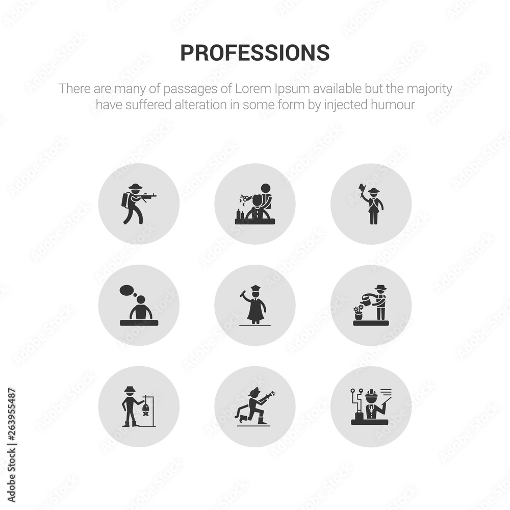 9 round vector icons such as engineer, firefighter, fisherman, florist, graduated contains graphic de, guide, hairdresser, hunter. engineer, firefighter, icon3_, gray professions icons