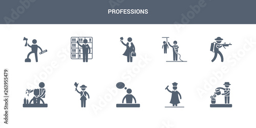 10 professions vector icons such as florist, graduated, graphic de, guide, hairdresser contains hunter, journalist, lawyer, librarian, lumberjack. professions icons