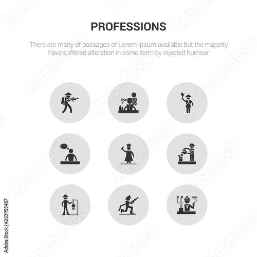 9 round vector icons such as engineer, firefighter, fisherman, florist, graduated contains graphic de, guide, hairdresser, hunter. engineer, firefighter, icon3_, gray professions icons