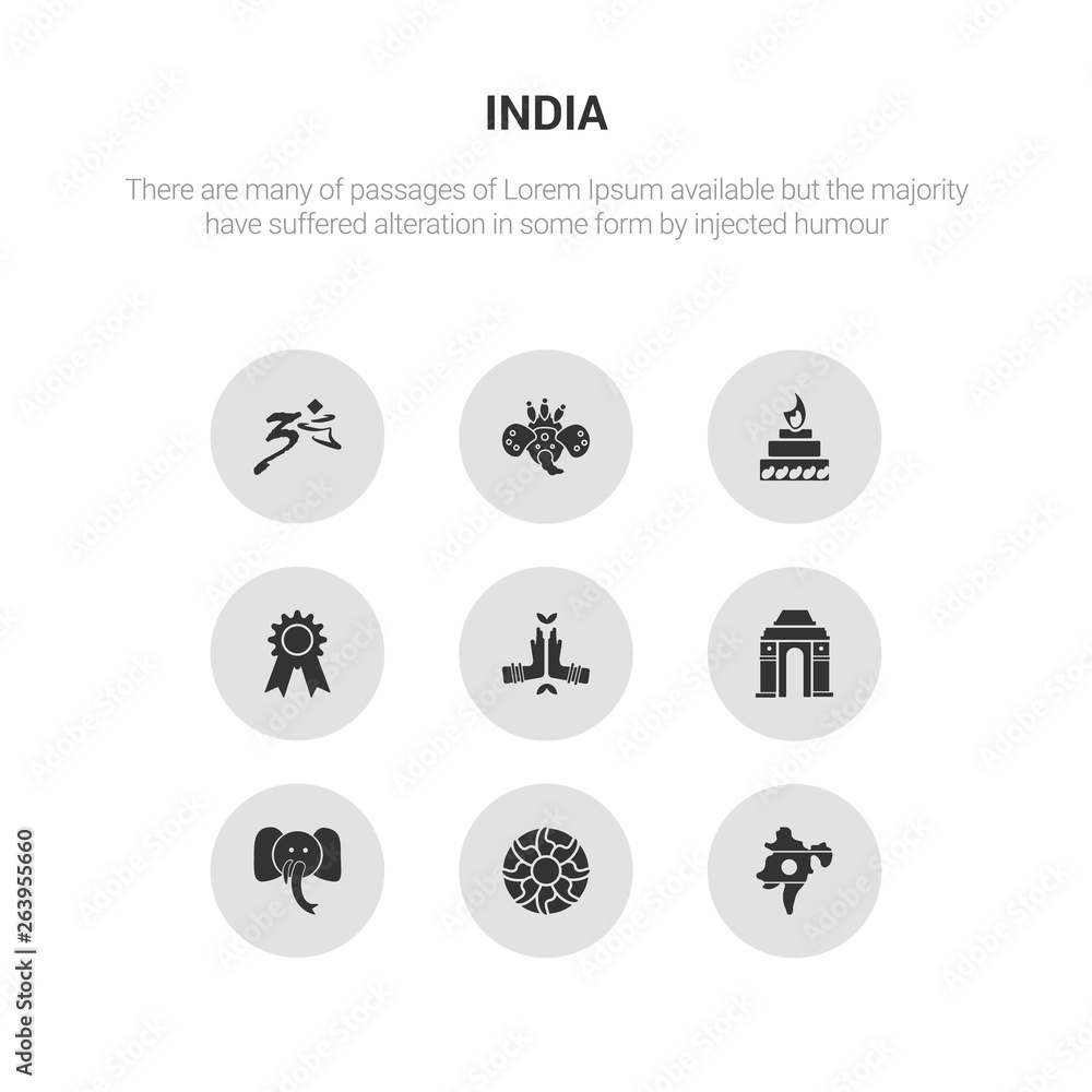 9 round vector icons such as india, rangoli, indian elephant, gate of india, namaste contains india badge, yagna, indian goddess, hindu. rangoli, icon3_, gray icons