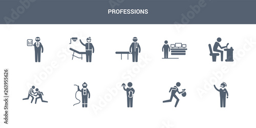 10 professions vector icons such as telemarketer, thief, waiter, welder, wrestling contains writer, software developer, physician assistant, orthodontist, statistician. professions icons