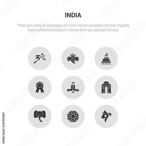 9 round vector icons such as india  rangoli  indian elephant  gate of india  namaste contains india badge  yagna  indian goddess  hindu. rangoli  icon3_  gray icons