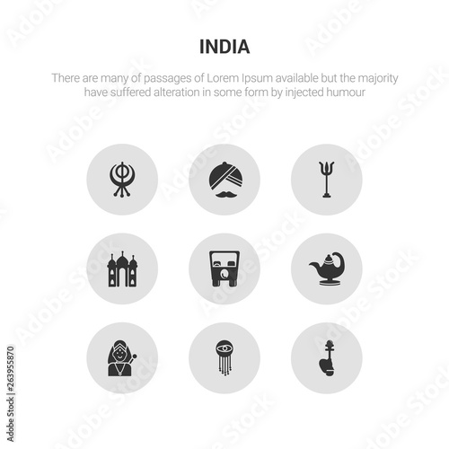 9 round vector icons such as hookah, indian, indra, oil lamp, rickshaw contains taj mahal, trident, turban, sikhism. hookah, indian, icon3_, gray india icons
