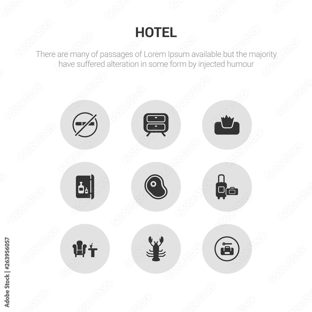 9 round vector icons such as left-luggage, lobster, lounge, luggage, meat contains minibar, napkins, nightstand, no pets. left-luggage, lobster, icon3_, gray hotel icons