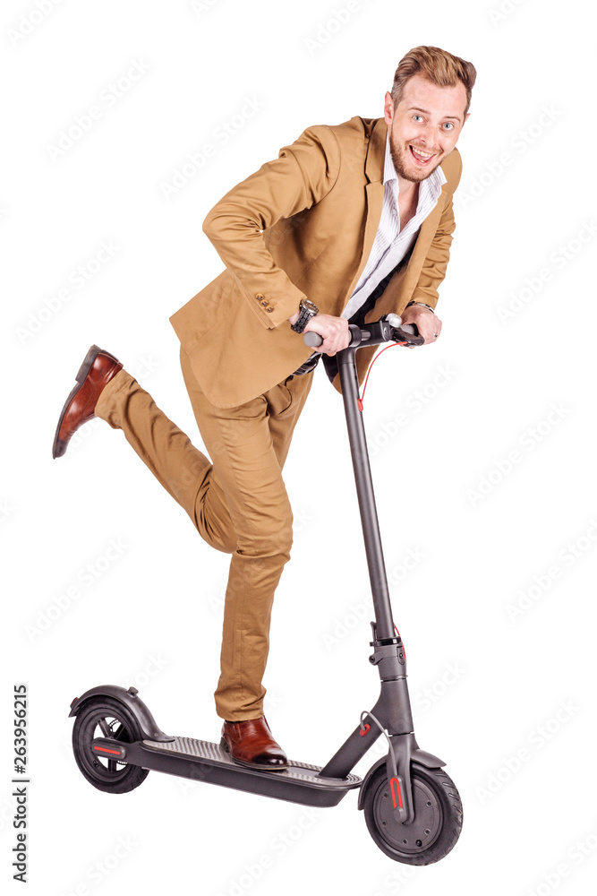 man holding the electric scooter and riding it while feeling delighted. image on white background man holding the electric scooter and riding it while feeling delighted. image on white background