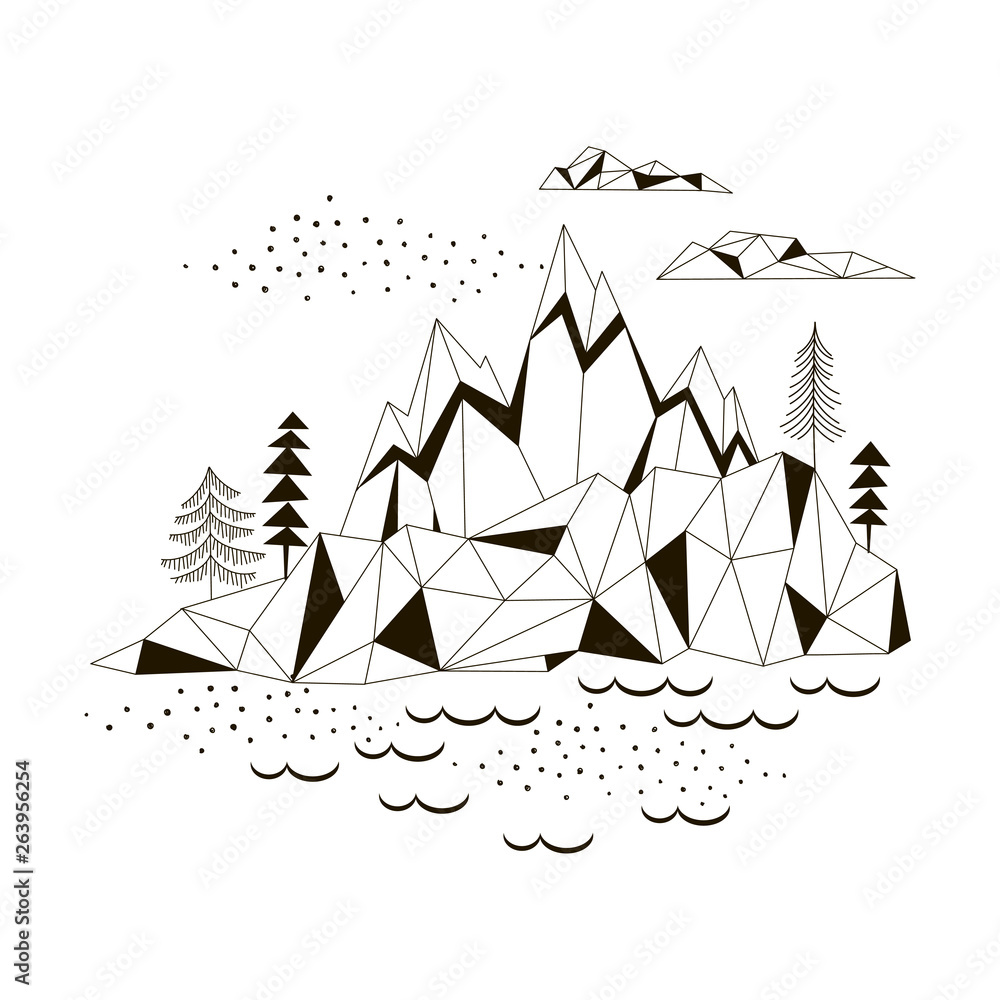 Arctic simple linear black white landscape. Water and mountains nordic