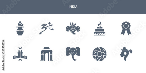 10 india vector icons such as india, rangoli, indian elephant, gate of india, namaste contains badge, yagna, indian goddess, hindu, kalasha. icons