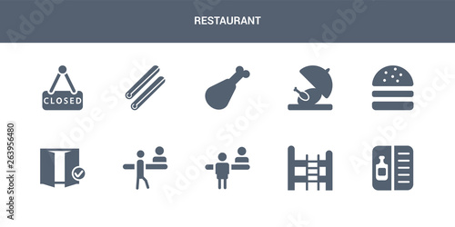 10 restaurant vector icons such as wine menu, bunk bed, check in, check out, checkroom contains cheese burger, chicken, chicken leg, cinnamon roll, closed. restaurant icons
