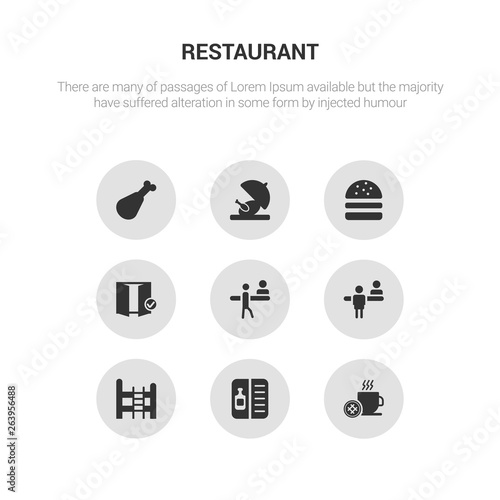 9 round vector icons such as breakfast, wine menu, bunk bed, check in, check out contains checkroom, cheese burger, chicken, chicken leg. breakfast, wine menu, icon3_, gray restaurant icons