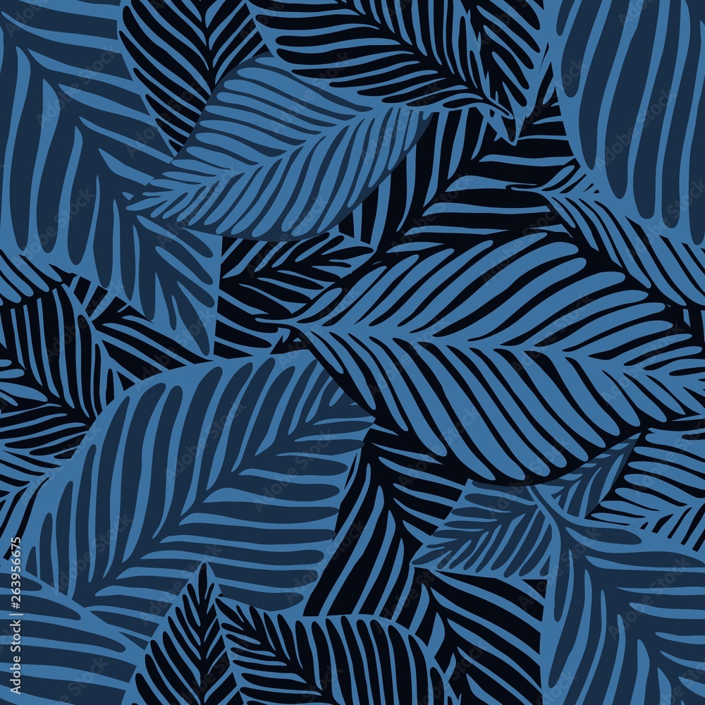 Abstract blue jungle seamless print. Exotic plant. Tropical pattern
