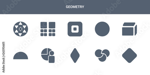 10 geometry vector icons such as reflection, rgb, rhombus, segment, semicircle contains side to side of a cube, sphere, square, squares, sri yantra. geometry icons