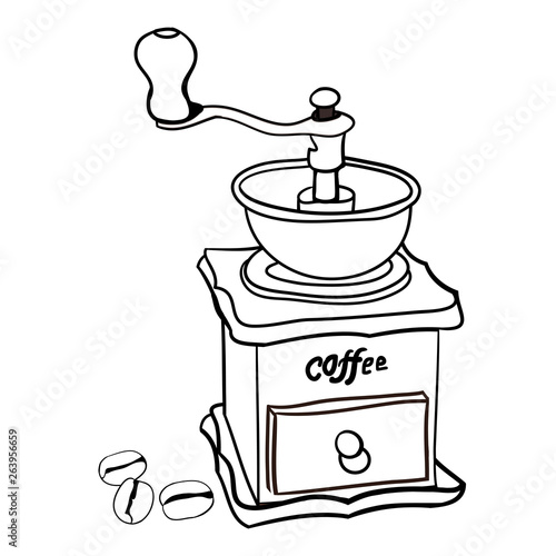 Vector drawing, coloring book, retro coffee grinder and coffee beans