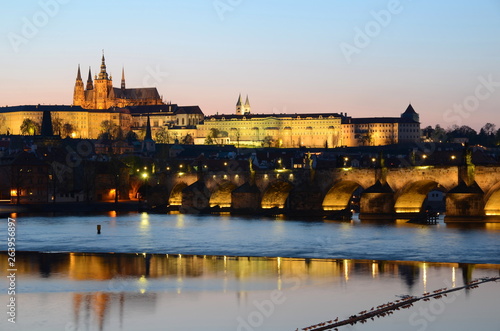 Charles Bridge in Prague with seagulls at night