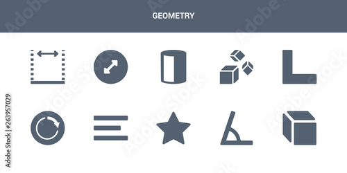 10 geometry vector icons such as 3d cube, angle, asterisk, center alignment, circle contains corner, cubes, cylinder, diameter, dimensions. geometry icons