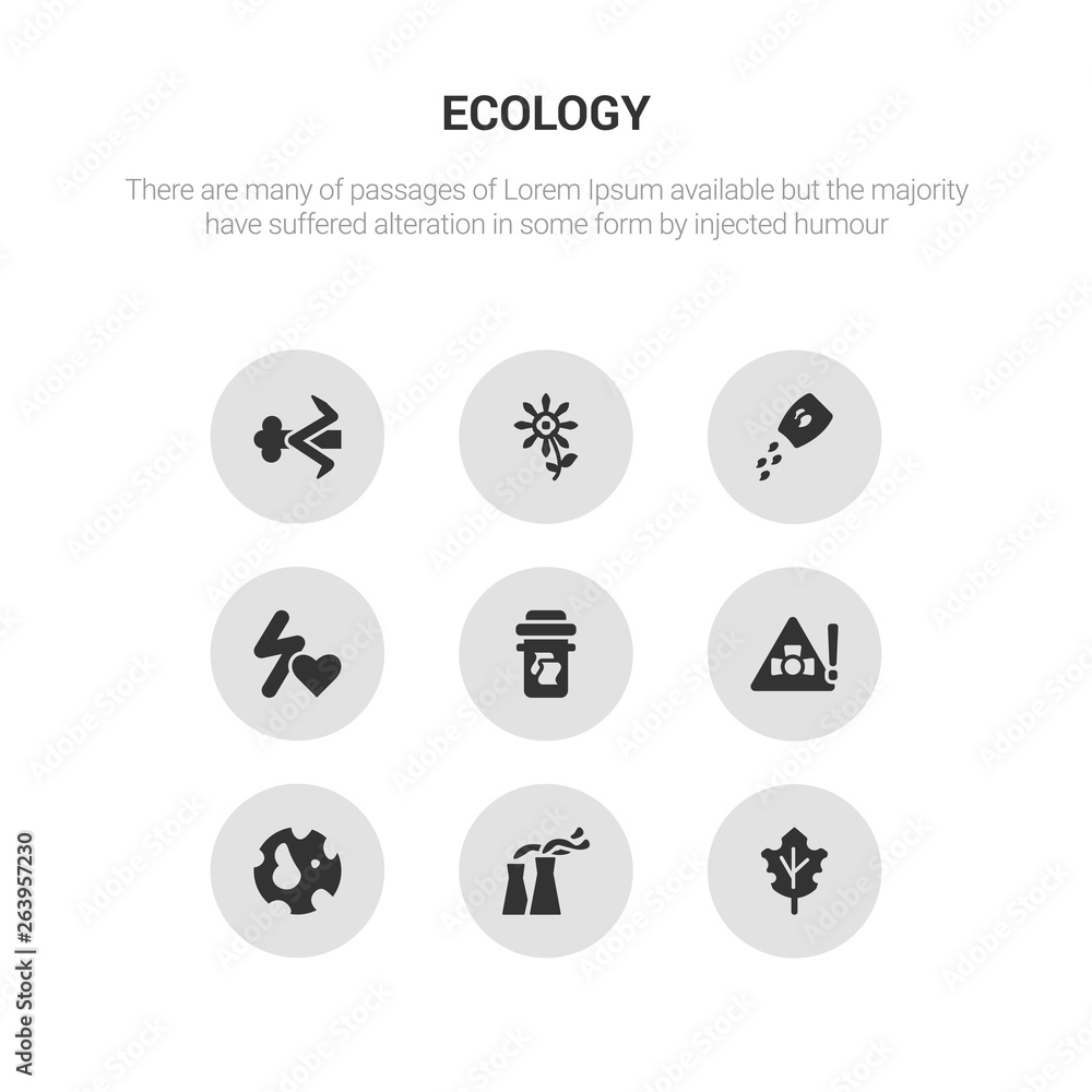 9 round vector icons such as leaf, nuclear plant, planet earth, radioactive, recycle contains renewable energy, seeds, sunflower, wind energy. leaf, nuclear plant, icon3_, gray ecology icons