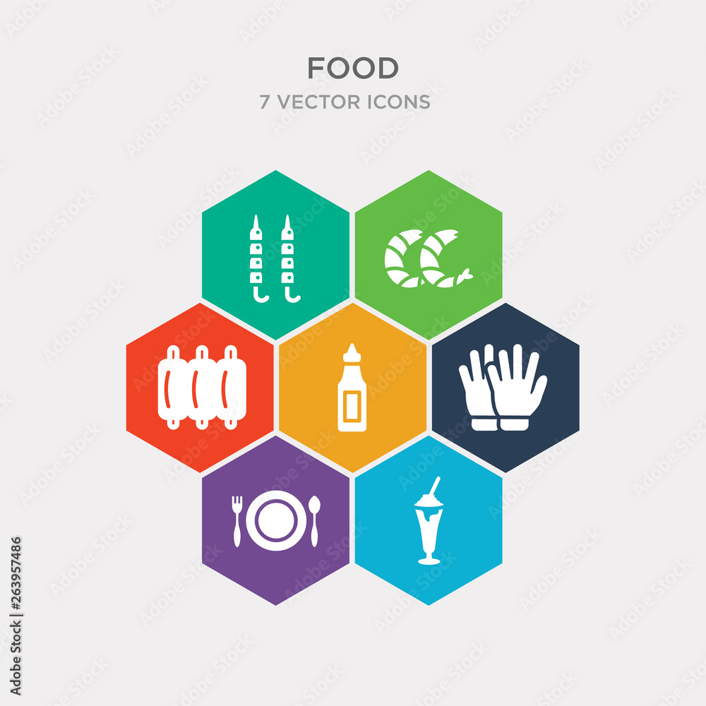 simple set of milk shake, eatery, protection gloves, condiment icons, contains such as icons ribs, shrimps, brochette and more. 64x64 pixel perfect. infographics vector