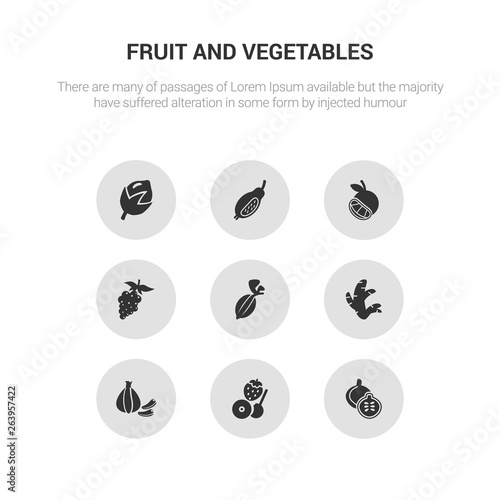 9 round vector icons such as fig, fruit, garlic, ginger, gooseberry contains grape, grapefruit, guava, hazelnut. fig, fruit, icon3_, gray fruit and vegetables icons
