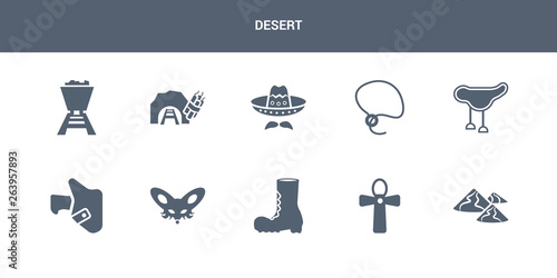 10 desert vector icons such as dunes, egypt, far west boot, fennec, holster contains horse saddle, lasso, mexican hat, mine, mine wagon. desert icons