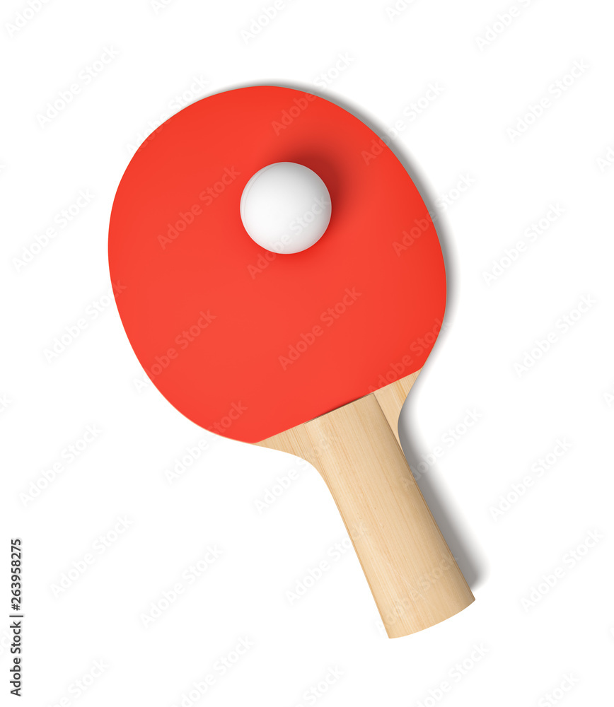 3d rendering of ping pong racket with red rubber and ping pong ball on it viewed from above on white background. 3d rendering of ping pong racket with red rubber and ping pong ball on it viewed from above on white background.