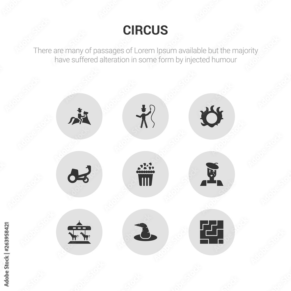 9 round vector icons such as labyrinth, magic hat, merry go round, mime, pop corn contains ride, ring of fire, ringmaster, rodeo. labyrinth, magic hat, icon3_, gray circus icons