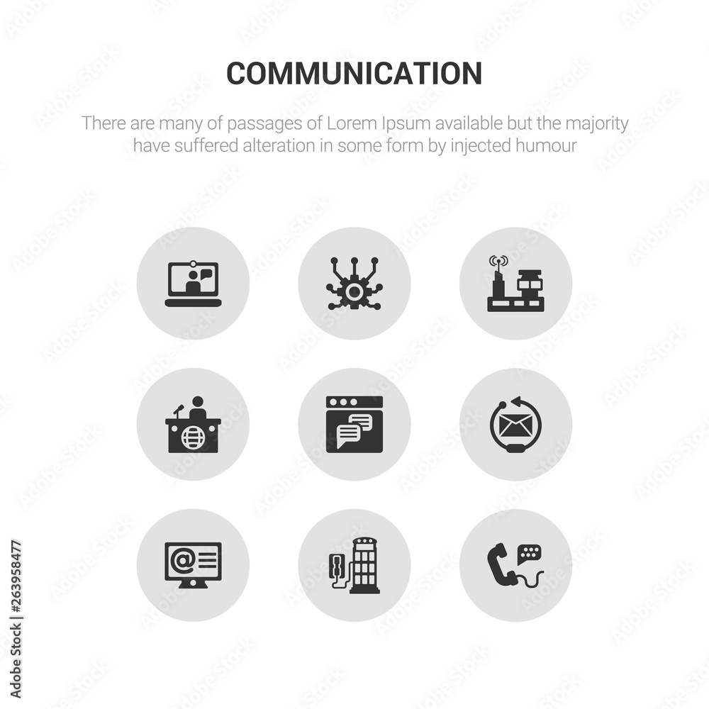 9 round vector icons such as call, phone booth, arroba, reply, text lines  contains news reporter, radio antenna, connection, video chat. call, phone  booth, icon3_, gray communication icons Stock Vector | Adobe Stock