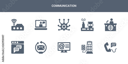 10 communication vector icons such as call, phone booth, arroba, reply, text lines contains news reporter, radio antenna, connection, video chat, wifi. communication icons