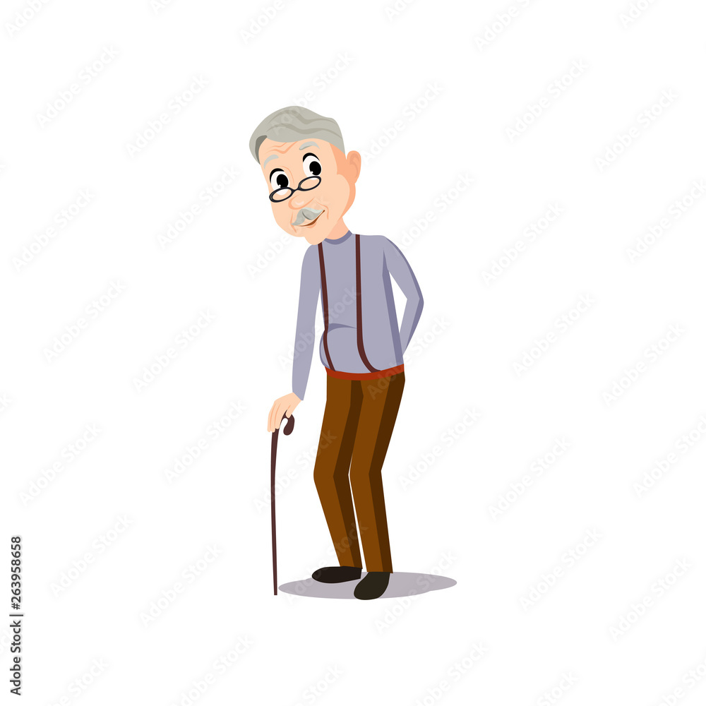 Old smiling man with eyeglasses stay in walking stick